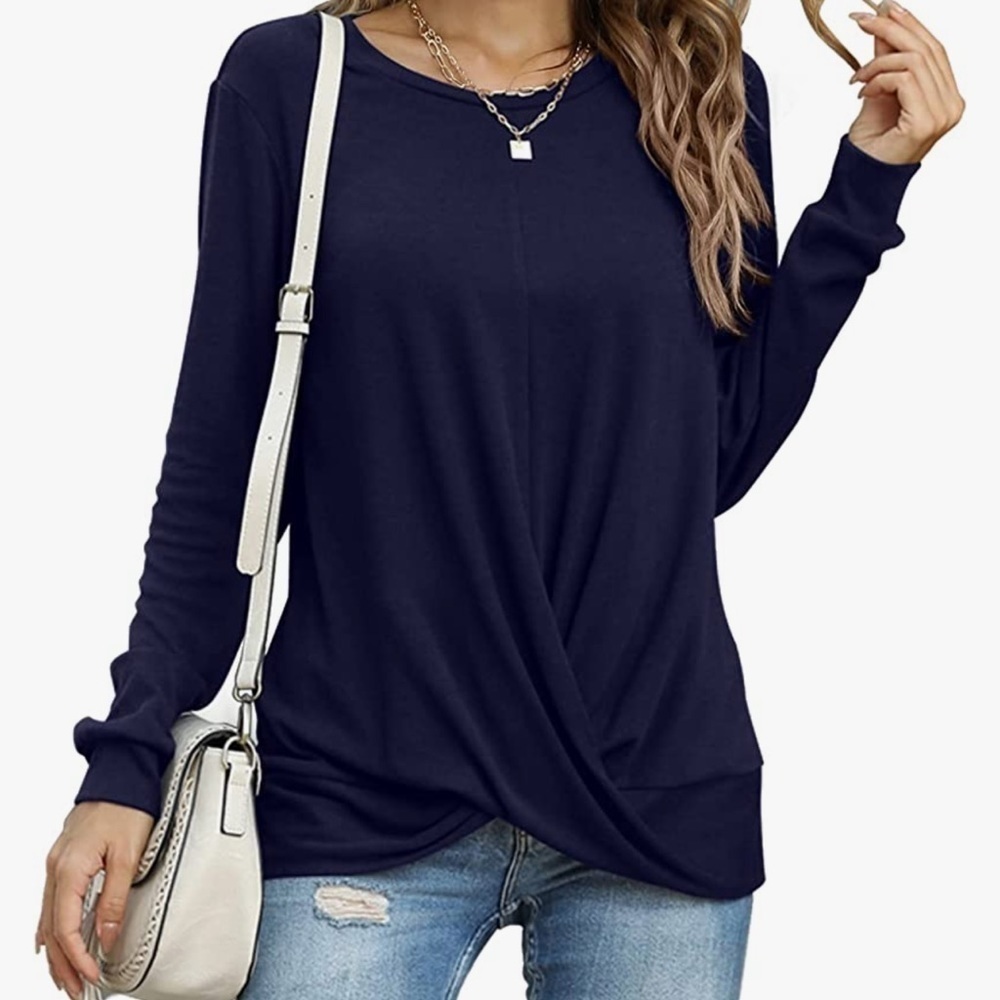 ⭐️nwt YSYOKOW Long Sleeve Casual Crew Neck Loose Fit Front Twist Knot Blouse⭐️